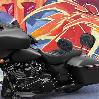 C.C. RIDER Classic Seat Backrest Pad - Driver Sissy Bar fit for Harley Davidson Touring Road King Street Glide Electra Glide Road Glide 2009-2023 - color: Seat + Driver Pad + Passenger Pad Black Blue