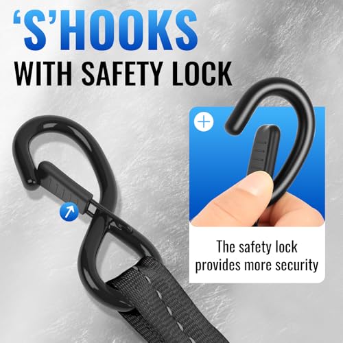Retractable Ratchet Straps 4 Pack - 1,500 Lbs Break Strength 1 in x 10 Ft Heavy Duty Retractable Ratchet Tie Down Straps with S Hooks Set for Truck, Cargo Van, Trailer, Motorcycle (Black) - color: Black