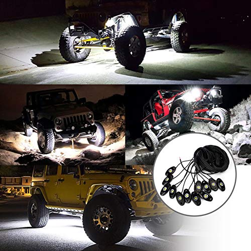 OPP ULITE White LED Rock Lights Kit, 12 Pods Underglow for Jeep Offroad Truck Car ATV SUV Boat Motorcycle Vehicle Under Body Glow Lamp Trail Fender Lighting (12pods Rock W)