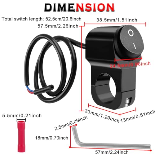 2PCS 7/8" Motorcycle Handlebar Switch 12V Aluminum Alloy Handlebar Switches Black Push Button ON Off with Crimp Connectors Hex Key Allen Wrench for ATV UTV Bike Scooters Headlight (22mm) - color: Black Push Button