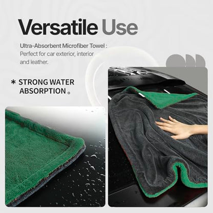 Extra Large Car Drying Towel, 36 Inches, 1300gsm,Super Absorbent Polyamide, Double-Twisted Design (Green and Grey) - color: Green and Grey