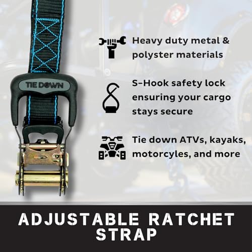 Tie Down 1.5 inch x 8 ft Black Heavy Duty Ratchet Strap, 2-Pack Kit - 5208 lbs. Breaking Load Limit - color: Black, size: 2-Pack