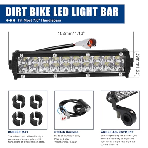 Dirt Bike LED Headlight Bar & Upgrade Mounting Bracket 60W Motorcycle Light bar Kit Wiring Harness for KLX110 YFZ450 CRF110 YZ250F CRF250F TTR110 XR150L ATV Motocross for 7/8" Handlebars Plug-Play - color: Single Switch+Upgrade Mount kit