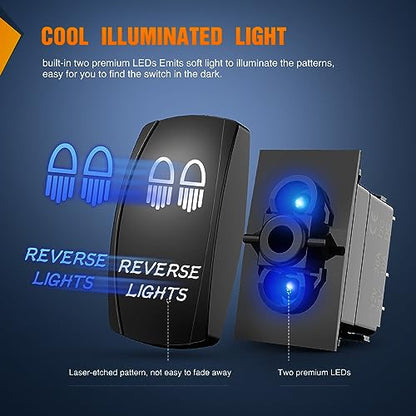 Nilight Reverse Lights Rocker Switches Led Light Bar Switch 5 Pin Laser On Off SPST switches 20A/12V 10A/24V Blue with Jumper Wires Set for Cars Trucks Boats ATVs UTVs RVs - size: REVERSE LIGHTS