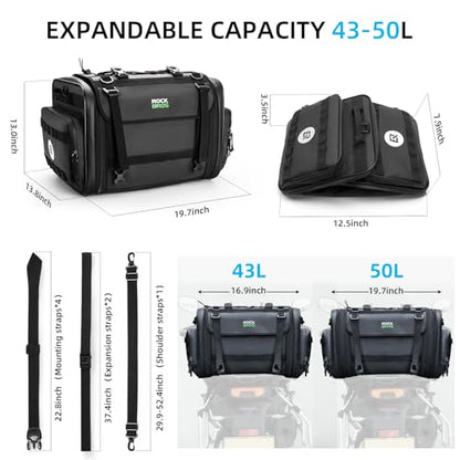 ROCKBROS Motorcycle Tail Bag 50L Expandable Travel Luggage Bag Motorcycle Rear Seat Saddle Bag, Motorbike Accessories Storage Bag with Waterproof Rain Cover Black