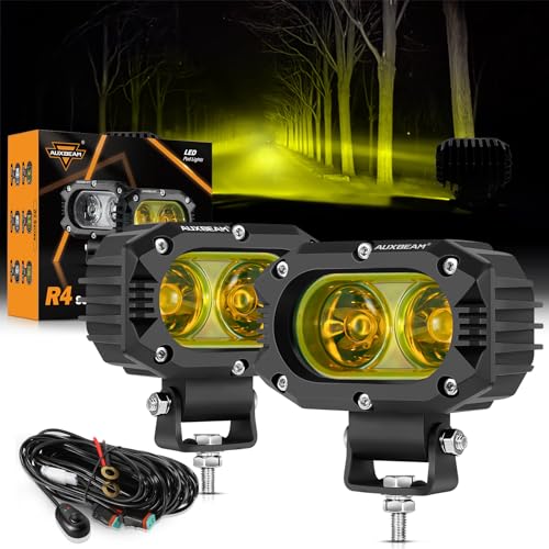 Auxbeam LED Amber Fog Light, 4Inch 60W Led Driving Offroad Lights Pod Super Bright with Wiring Harness Kit Yellow Flood Beam Pod Light for Truck SUV ATV UTV Jeep Wrangler Motorcycle - color: Amber Flood Beam (ZD000711)