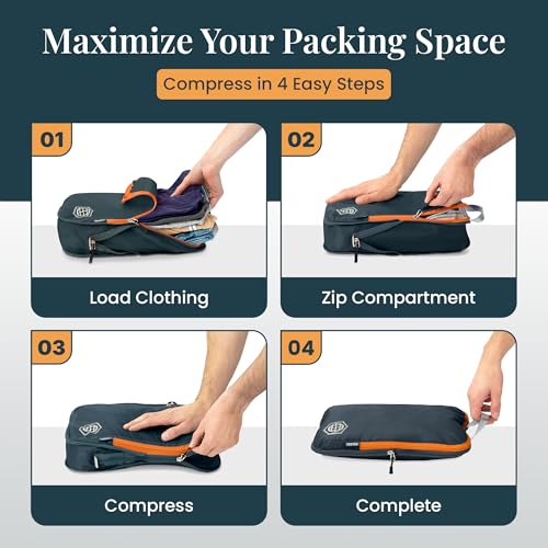 Extra Large Compression Packing Cube 6 Piece Set for Travel and Check Luggage by TRIPPED Travel Gear - color: Grey/Orange