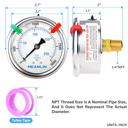 MEANLIN MEASURE 0~3000Psi Liquid Filled Pressure Gauge 1/4" NPT 2.5" FACE DIAL Stainless Steel Glycerin Filled WOG Water Oil Air Back Mount (with 2PCS Snaps) - size: 0-3000Psi