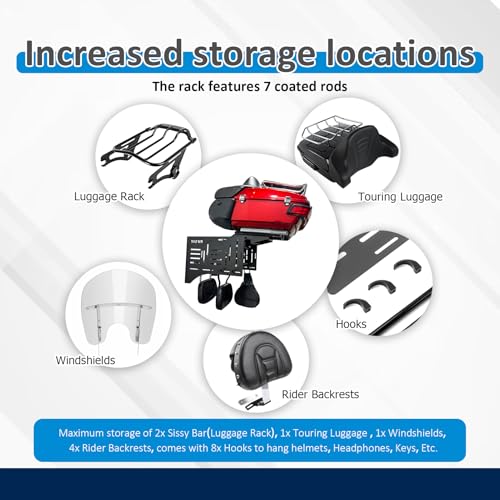 Mofun Tour Wall Mount Storage Rack Detach Depot Wall Rack Compatible with Harley Detachable And Products Including Tour Pack Mounting Racks, Sissy Bars, Luggage Racks, Rider Backrests Windshields