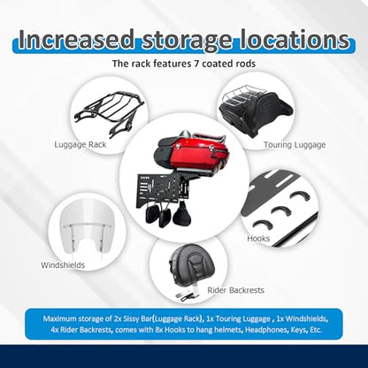 Mofun Tour Wall Mount Storage Rack Detach Depot Wall Rack Compatible with Harley Detachable And Products Including Tour Pack Mounting Racks, Sissy Bars, Luggage Racks, Rider Backrests Windshields