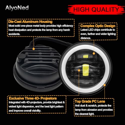 AlyoNed 2024 New 4.5" inch LED Passing Lights Fog Lamps Driving Light DRL White Halo DOT Kit for Motorcycle Auxiliary Light Bulb Projector Driving Lamp Black - color: Black