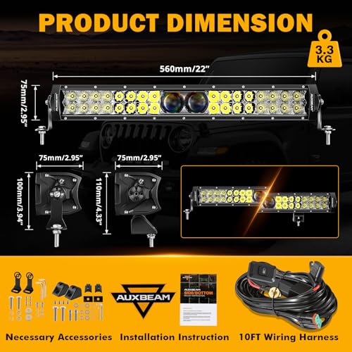 Auxbeam 22 Inch LED Light Bar, 5D-PRO Series 180W Waterproof Dual Row Spot Flood Combo Off Road Driving Lights, Auxiliary Bumper Work Lights with 10FT Wiring Harness for Car SUV UTV ATV Pickup Truck - size: 22" 180W