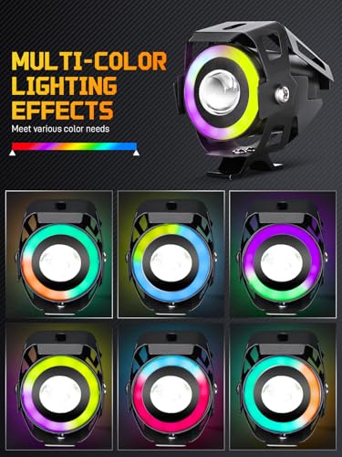 Motorcycle LED Fog Lights U7 Spotlight with High Low Strobe Beam Halo Rings White Central with U7 LED Running DRL Switches Clamps Universal Spotlights Driving Lights 2 Packs (White) - color: White