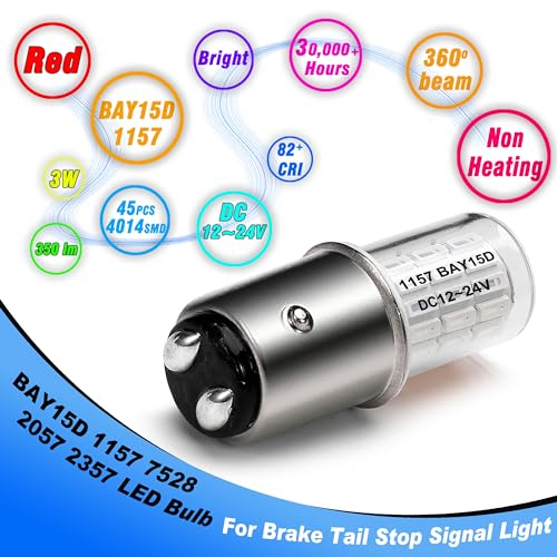 Heifymi 1157 Led Bulb 3 Watt DC12-24V BAY15D 7528 2057 2357 Brilliant Red LED Replacement for Car Camper RV Trailer Boat Brake Tail Stop Signal Light, 2 Pack - color: Brilliant Red, size: BAY15D