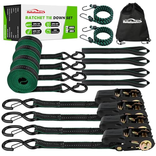 Heavy Duty Ratchet Tie Down Straps 1in x 15ft - 4 Pack Motorcycle Tie Downs with Soft Loops &Bungee Cords -1500LBS Break Strength - Cargo Straps with Safety Lock S Hooks for ATV, Dirt Bike - color: Black Tie Down