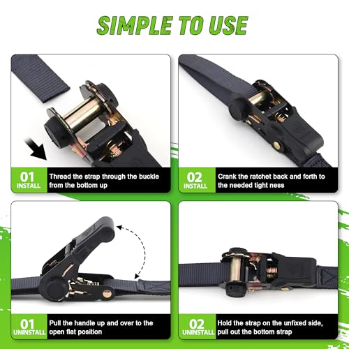 Black Ratchet Straps (4 Pack) - Motorcycle Straps Tie Downs 2,100lb Break Strength - 1 in x 15ft Ratchet Tie Down Straps -15" Soft Loop Tie Down Straps for Truck, Cargos, Motorcycle - style: Black,1"x15',2100lb