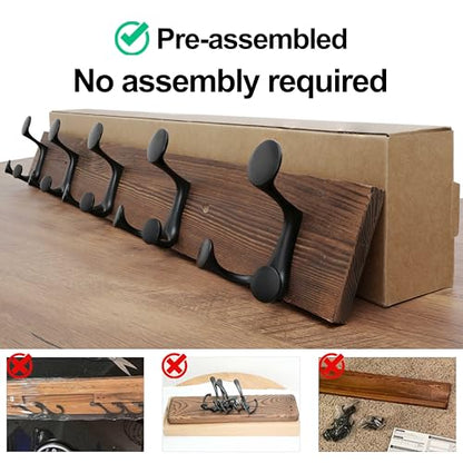 WEBI Coat Rack Wall Mount,30" Solid Wood Coat Hooks Wall Mounted Coat Hanger,16" Hole to Hole,Heavy Duty Hook Rack,5 Triple Hooks for Hanging Coats,Jacket,Hat,Backpack,Farmhouse,Brown - color: Brown, size: 30 Inch