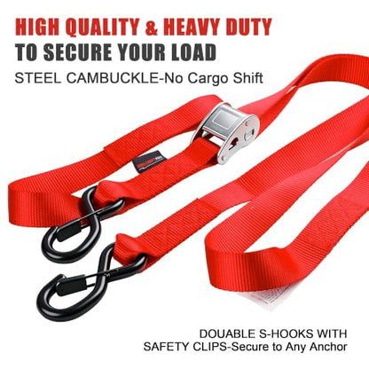 AWELCRAFT Motorcycle Tie Down Straps (2 Pack),3300lb Break Strength,1.5in x 8FT Steel Cambuckle Dirtbike Strap,Integrated Soft Loops & Double S-Hooks with Safety Clips,Lab Tested,Red - color: Red