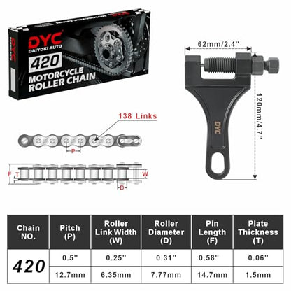 DYC 420 Chain 138 Links Cut-to-Fit w/Master Link & Chain Breaker Tool for Mini Bike, Pit Bike, Dirt Bike, ATV & Go Kart (Coleman, Baja, SSR, TaoTao, Coolster, Apollo, Kazuma, TrailMaster, Massimo) - size: 420-138L