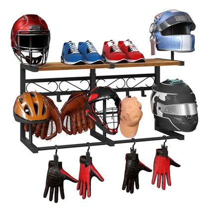 HOOBRO Motorcycle Helmet Rack Wall Mount, Helmet Holder with Hanging Rod, Storage Display Rack with 4 Glove Clamps and 6 Hooks, for Motorcycle Gear and Accessories, Rustic Brown and Black BF01TK01
