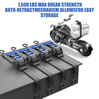 Retractable Ratchet Straps (4-Pack) - 1 Inch x 10 Feet (1,500lb Break Strength) - Auto Self Retracting Tie Down Straps for Truck, Cargo Trailer, Motorcycle, ATV, UTV - Blue