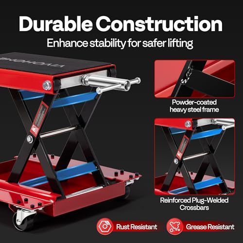 VIVOHOME 1100 Lbs Motorcycle Lift Jack, Steel Wide Deck ATV Scissor Lift with Dolly Wheels & Hand Crank, Bike Garage Repair Hoist Stand for Maintenance, Red - color: Red + Black