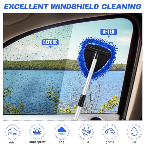 Baderke 9 Pcs Car Windshield Cleaner Tool Kit with with Extendable Handle, Microfiber Towel Pads, Sponge, Ventilation Brush, Empty Spray Bottle for Auto Glass Wiper Suvs Rvs & Home Windows(Blue) - color: Blue