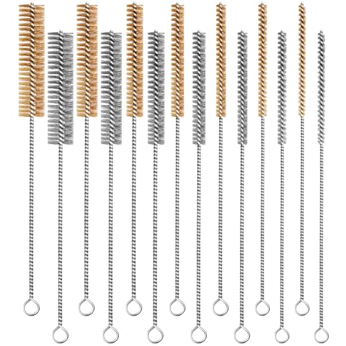 14-Pieces Brass Wire Brush Stainless Steel Tube Brush Set 12" Round Wire Brushes Kit Bore Brush Metal Bristle Cleaning for Pipe, Tube, Auto Parts, Engine (6mm/8mm/10mm/12mm/15mm/20mm/22mm) - size: 14