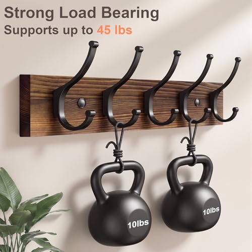 Optish 2 Pack Wooden Coat Rack Wall Mount, 16.1" Rustic Coat Hanger Hooks with 10 Double Hooks, Wall Coat Rack for Hat, Clothes, Bags, Jacket, Brown - color: Brown