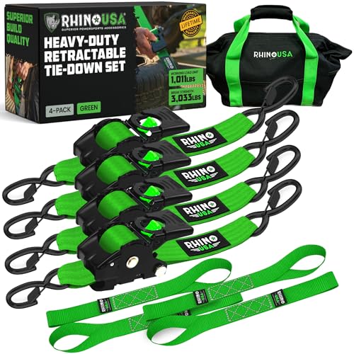 Rhino USA Retractable Ratchet Straps (4-Pack) - 2 Inch x 10 Feet (3,033lb Break Strength) - Heavy Duty Auto Self Retracting Tie Down Straps for Truck, Cargo Trailer, Motorcycle, Rad & More - Green - color: Green, size: 4PK