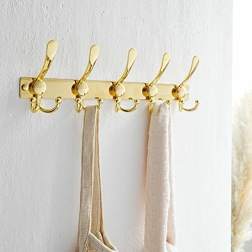 Dseap Coat Rack Wall Mount, Heavy Duty 12-Gauge Base vs Flimsy 1mm, Double-Thick Solid Anti-Snap Hooks, 16” Stud-Mount, Stainless Steel Hanger for Clothes Hat Entryway Closet Mudroom, Gold - color: Gold, size: L=17" (1pcs)