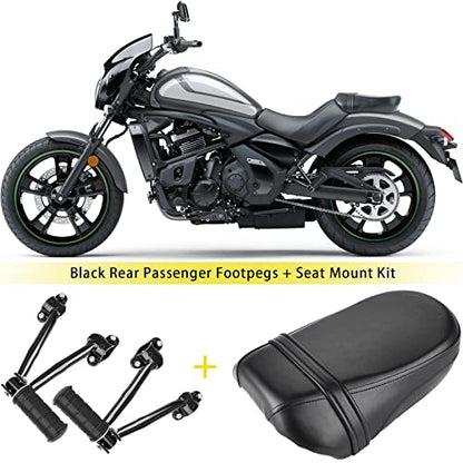 Black Synthetic Leather Rear Passenger Seat and Heavy Alloy Steel Foot Pegs Kit Compatible with Kawasaki Vulcan S 650 VN650 2015-2025