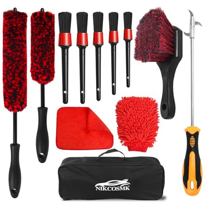12Pcs Wheel Brush Kit for Cleaning Wheel and Tire, Wheel and Rim Brush, Car Detailing Brushes, Tire Brush, Bendable & Durable Car Wheel Rim Cleaner Brush Set,Car Detailing Cleaning Brush Supplies Kit - color: Red