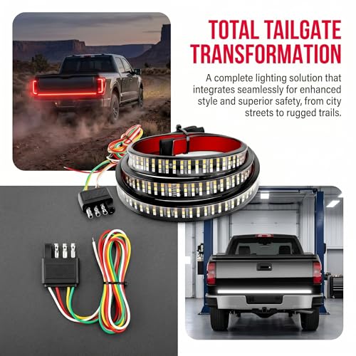 59" LED Tailgate Light Bar, Triple Row with Red Brake, White Reverse, Amber Turn Signal, IP65 Waterproof Tail Light Strip, No Drill Install Universal Fit for Pickup Trailer SUV RV Van