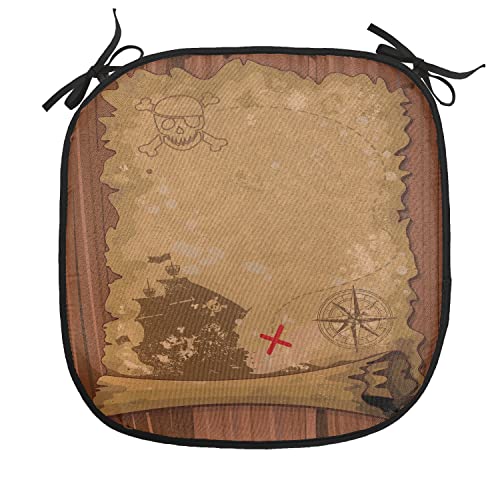 Lunarable Island Map Chair Cushion Pad, Pirate Scroll Map Cartography Dangerous Fantasy Theme Nautical Skull X Marks Spot, Seat Padding for Kitchen & Patio with Anti-Slip Backing, 16"x16", Brown Tan - color: Brown Tan, size: Pack of 1
