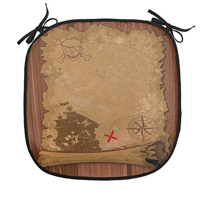Lunarable Island Map Chair Cushion Pad, Pirate Scroll Map Cartography Dangerous Fantasy Theme Nautical Skull X Marks Spot, Seat Padding for Kitchen & Patio with Anti-Slip Backing, 16"x16", Brown Tan - color: Brown Tan, size: Pack of 1