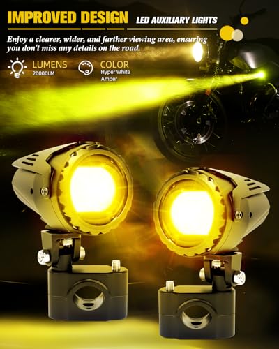 BraveWAY 60W 20000LM Motorcycle Fog Lights, LED Motorcycle Auxiliary Lights, 7 Modes Driving Light with White Amber Strobe Flash Mode, Plug and Play with Wiring Harness Kit and 2 Mounting Brackets - color: Moto-T5-1 LENS