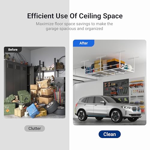 FLEXIMOUNTS 4x8ft Overhead Garage Storage Rack with Safety Rails, White | 750lbs Capacity, Adjustable 22-40" Height, 3-Sided Guard Rails, Heavy Duty Metal, Ceiling Storage System - color: White