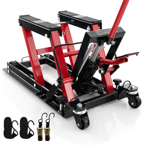 Goplus Motorcycle Lift, 15000 LBS Hydraulic ATV Scissor Jack with Footplates & Long Handle, 2 Ratchet Belts, 4 Wheels, 4.7”-15” Lifting Range, Motorcycle Jack Stand for Dirt Bike, UTV - color: Red