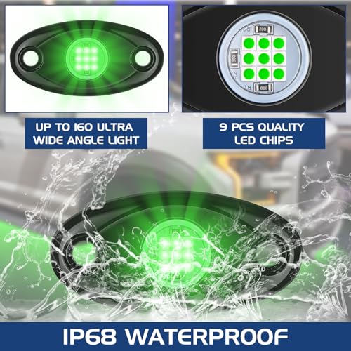Macarrie 12 Pods Rock LED Lights Waterproof Neon Underglow Trail Rig Lamp Lighting for Car SUV Pickup Truck Motorcycle Boat ATV Utv RZR Rv Offroad Trailer Fender Under Body Golf(Green) - color: Green