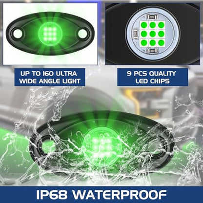 Macarrie 12 Pods Rock LED Lights Waterproof Neon Underglow Trail Rig Lamp Lighting for Car SUV Pickup Truck Motorcycle Boat ATV Utv RZR Rv Offroad Trailer Fender Under Body Golf(Green) - color: Green