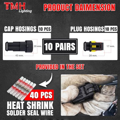 TMH 2 Pin Connector 22 AWG - 2 Wire 10 cm. Waterproof Connectors Electrical Connectors Male and Female Way with Heat Shrink Tubing for Car Truck Boat Wire Connection (10 Sets) - size: 2 Pin - 10 Sets