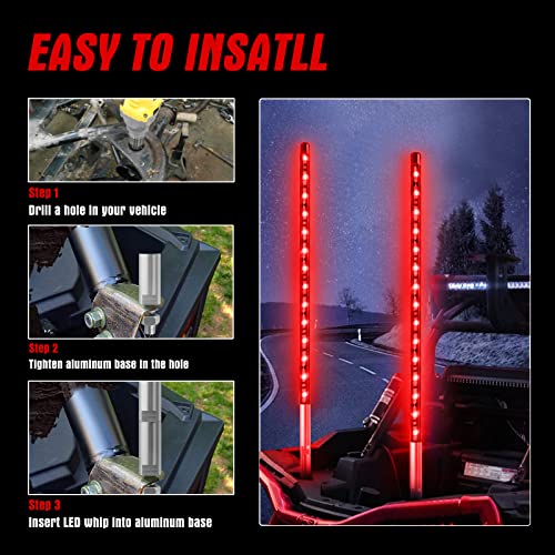 BESTZHEYU 2PCS 0.9M Red LED Whip Light for ATV UTV 3FT LED Whip Light Antenna Whips for RZR Polaris Off-Road Sand Dune Buggy 4x4 - color: 0.9M Red Whip Light