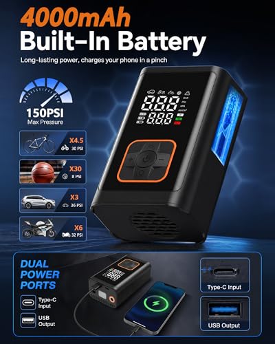 Tire Inflator Portable Air Compressor: 150PSI Cordless Air Pump with 4000mAh Battery, Digital Gauge Auto-Shutoff for Car Tires, Bike, Motorcycle, Balls, Pool Floats & Inflatables