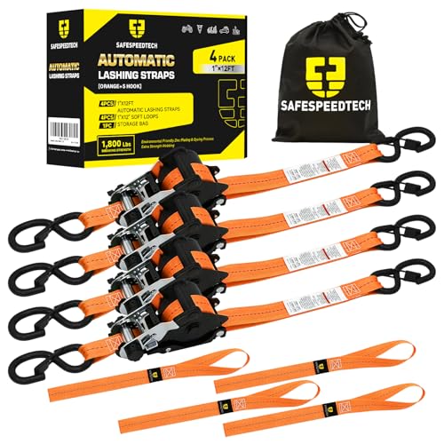 Retractable Ratchet Straps (4pk) - 1 inch x 12 feet (1800lb Break Stength) - Heavy Duty Retractable Straps - Self Retracting Tie Downs with Soft Loops - Auto Ratchet Straps for Truck, Motorcyle, UTV - color: Orange, size: Retractable 1800LB - 12Ft