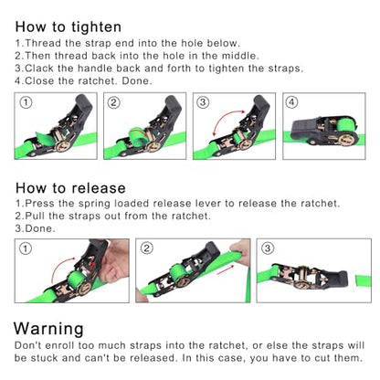 Ayaport Endless Ratchet Strap Ratcheting Tie Down Motorcycle Car Roof Rack Trailer Cargo Straps - size: 1"x8'-4pcs green