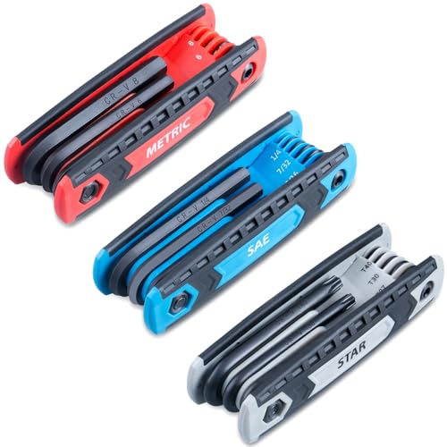 25-Piece Complete Folding Hex Key Wrench Set, Metric 1.5mm - 8mm, SAE 5/64” - 1/4”, Star T9 - T40 | Cr-V Steel, Precise and Chamfered Tips | 3 Pack All-Purpose Portable and Compact Allen Wrench Tools - size: 25-Pc. Folding Hex Key