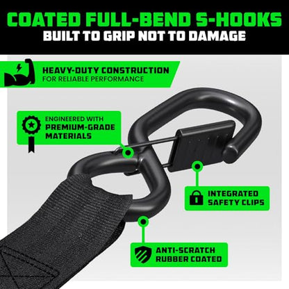 RHINO USA Ratchet Straps Tie Down Kit, 5,000 Break Strength - Includes Heavy Duty Rachet Tiedowns with Padded Handles & Coated Chromoly S Hooks + Soft Loop Tie-Downs - color: Black, size: 8ft - 2 Pack