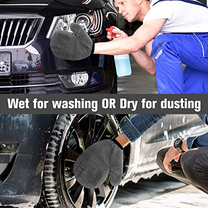 Remerry 6 Pcs Microfiber Mitts with Thumb for Cars Paint Wash Gloves Terry Weave Dusting Mitts - color: Gray