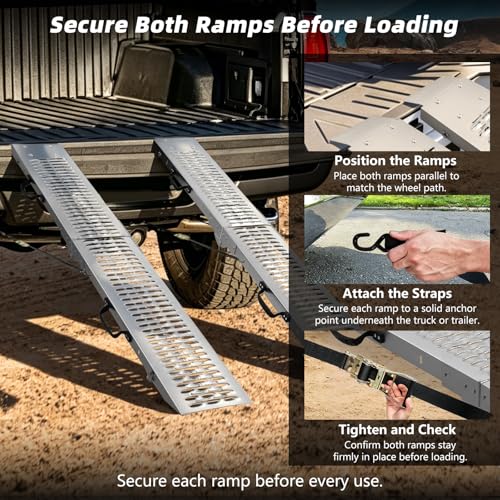 Folding Steel Loading Ramps for Pickup Trucks and Trailers, 970 lb Capacity, Locking Latches, 4 Dual-Hook Ratchet Straps, for Motorcycles, Dirt Bikes and Light ATVs, 72.7 in x 8.9 in, 2 Pack - size: Perforated Surface - 2 Pack - 970 lb